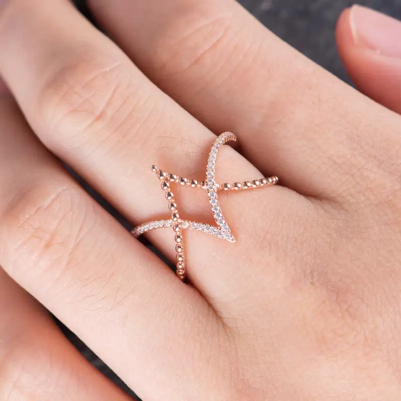 

Huitan Unique Rhombus Shaped Ring Rose Gold Color Anniversary Ring Band Fashion Geometric Hollow New Year's Gift Women Ring