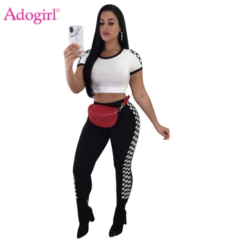 

Adogirl Plus Size Race Suit Plaid 2 Piece Set Women Fitness Tracksuit O Neck Short Sleeve T-shirt Crop Top Skinny Pants Outfit