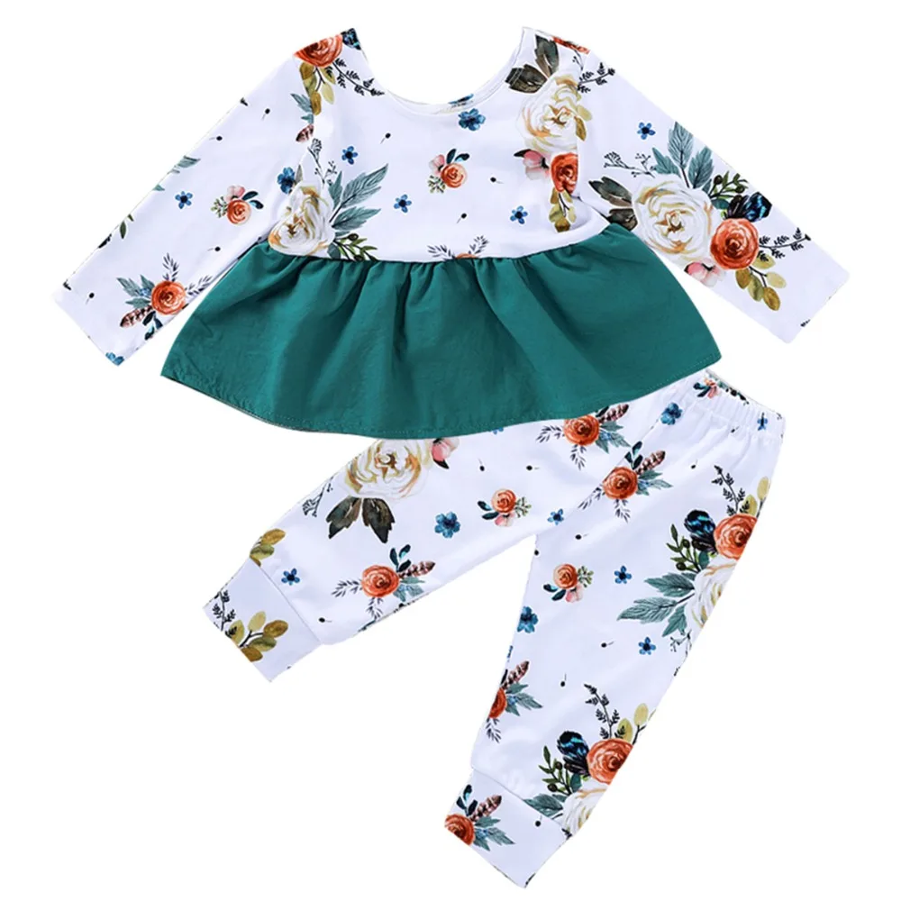Puseky с цветочным проектом для маленьких девочек топы с длинными рукавами, футболка + длинные штаны брюки для детей ясельного возраста