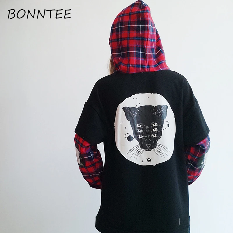 

Hoodies Patchwork Fake Two piece Korean Style Hooded Women Long Sleeve Sweatshirts School Casual Trendy Womens Pullover Cartoon