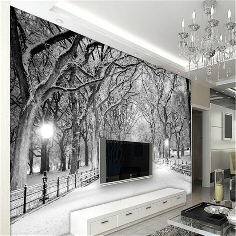 3d wallpaper custom mural non-woven Black and white wood road snow TV setting wall painting photo wallpaper for 3d papel contact