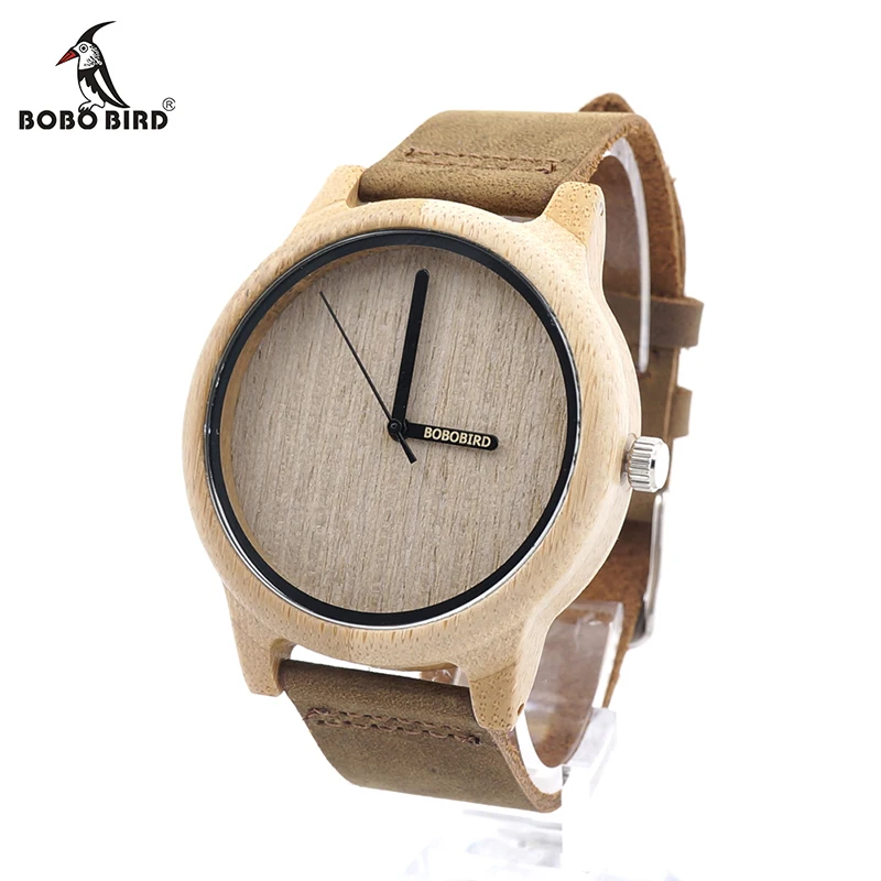 BOBO BIRD V-A22 Bamboo Wooden Quartz Watch Mens Luxury Brand Leather Watch Logo Silk-Screen on Hour Hand erkek kol saati