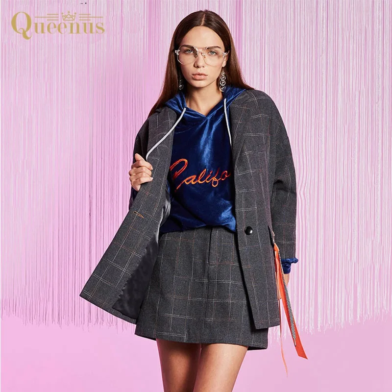 Queenus Autumn Women Gray Plaid Casual Fashion Ribbon