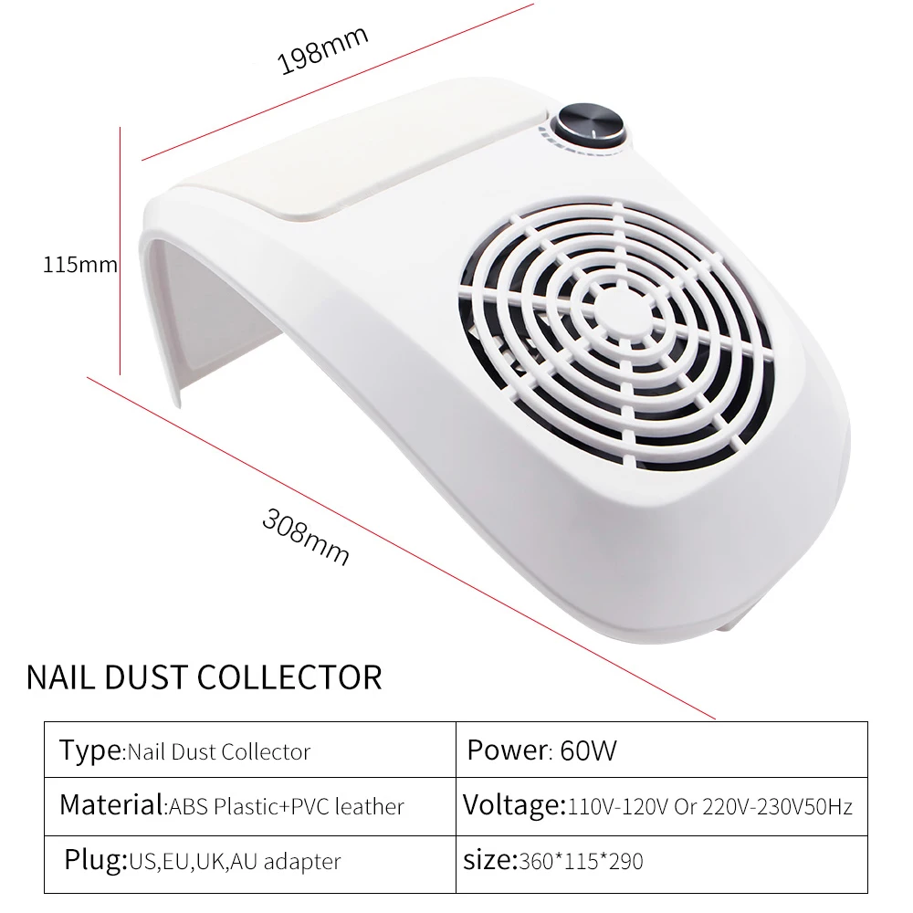 60W Powerful Nail Dust Suction Collector Vacuum Cleaner Professional manicure machine with 2 Dust Bag Nail Art Salon Equipment