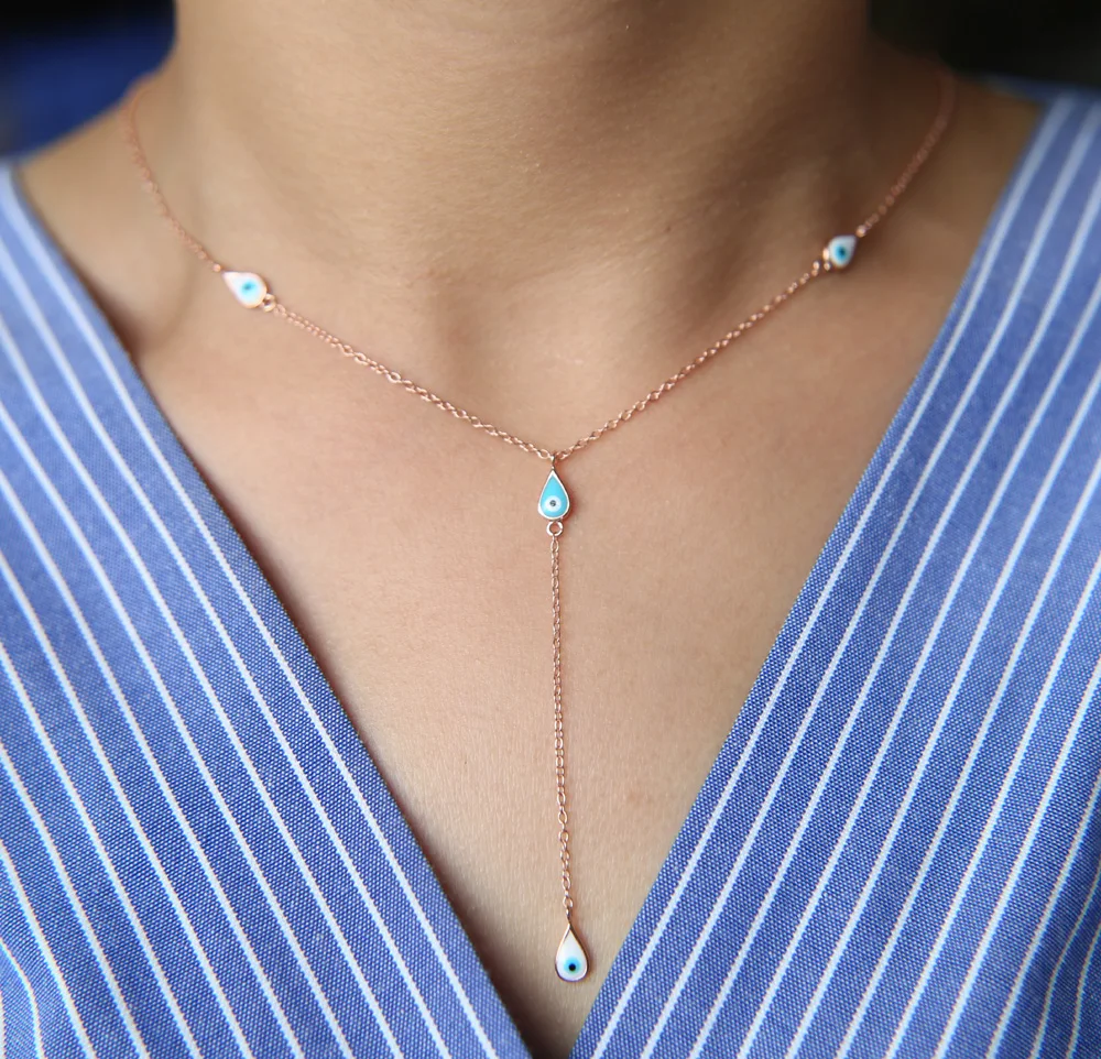 

2019 New fashion fine 925 sterling silver jewelry lucky evil eye charm Lariat chain Sexy women Ladies Elegant Y shape necklaces