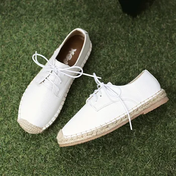

ZHENG PIN JIA REN Peas Shoes Autumn New Weave Cross-tied Casual Single Shoes Shallow Round Toe Lace-up Flattie for Women