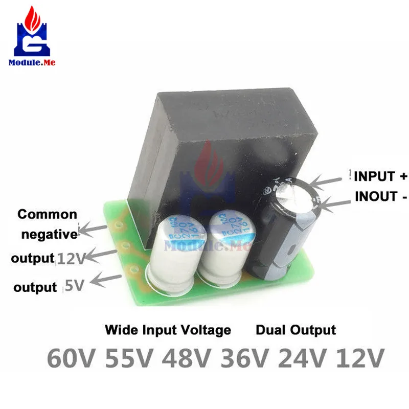 Двойной выход понижающий модуль питания Buck 60 V/55 V/48 V/36 V/24 V до 12 V/5 V 1A понижающий модуль