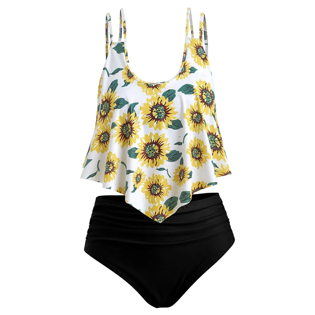 

High Waist Tankini set Women Ruffle Halter Push-Up Padded Bra Swimwear Two Piece Print Swimsuit Swimming Bathing Suit Beach Wear