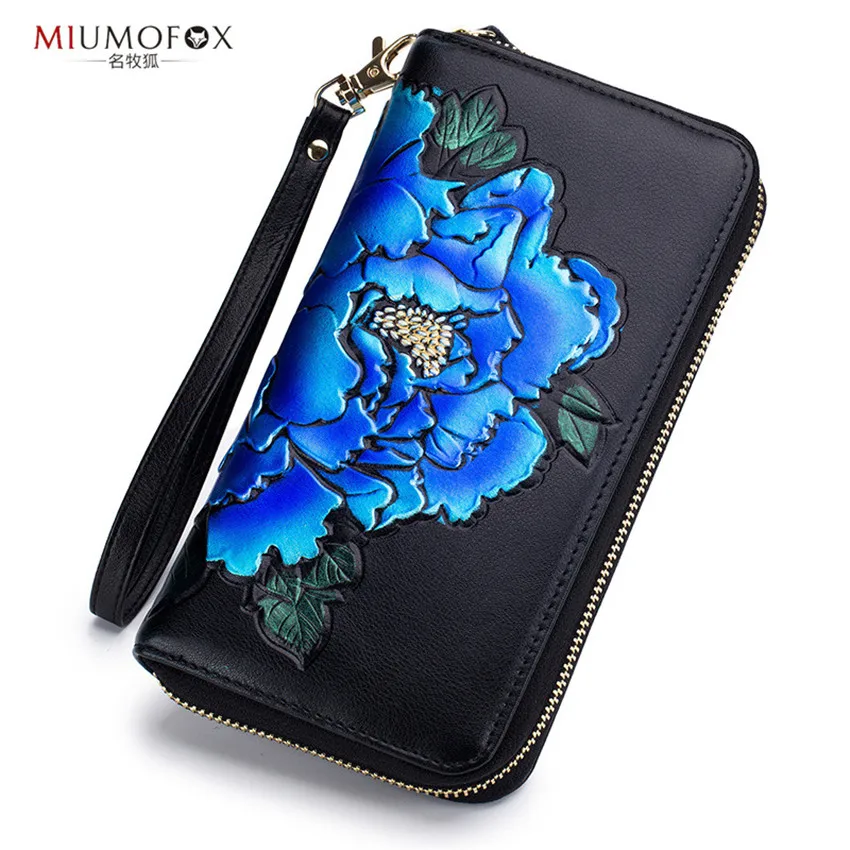Chinese Style Purse Peony hand-painted Lady Long Wallet Cow Leather 24 Card Holders Simple Fashion Luxury Woman Holder W236 | Багаж и