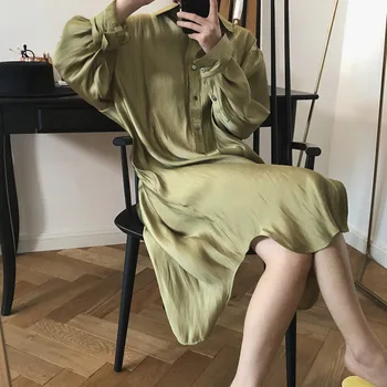 

DEAT 2020 new spring and summer fashion turn-down collar lantern sleeves single breasted shinny loose long dress WF19006