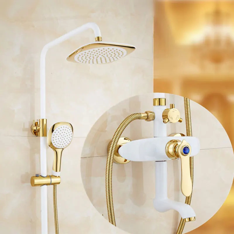 Золотой, белый набор для душа, европейский стиль, латунный смеситель, настенный кран для ванной комнаты, смешанный водяной клапан, домашняя Душевая система