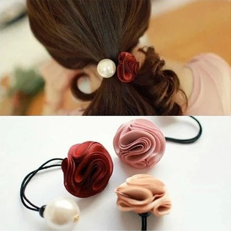 

HairBands Hair Ring Women Girl Flower Rose Simulated Pearl Elastic Head Tie Rubber Hair Band Jewelry Accessories Headwear