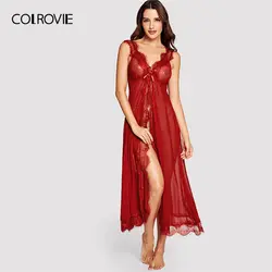 COLROVIE красный сплошной v-образным вырезом Eyelash Lace Mesh ночь платье с Thong 2019 без рукавов сексуальные пеньюары женская ночная рубашка
