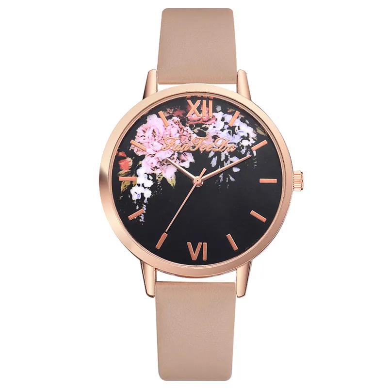NEW Casual Women Watches Bracelet Watch Ladies Alloy Flowers leather band watch Analog Quartz Wrist Watch Clock relogio J13#N (2)