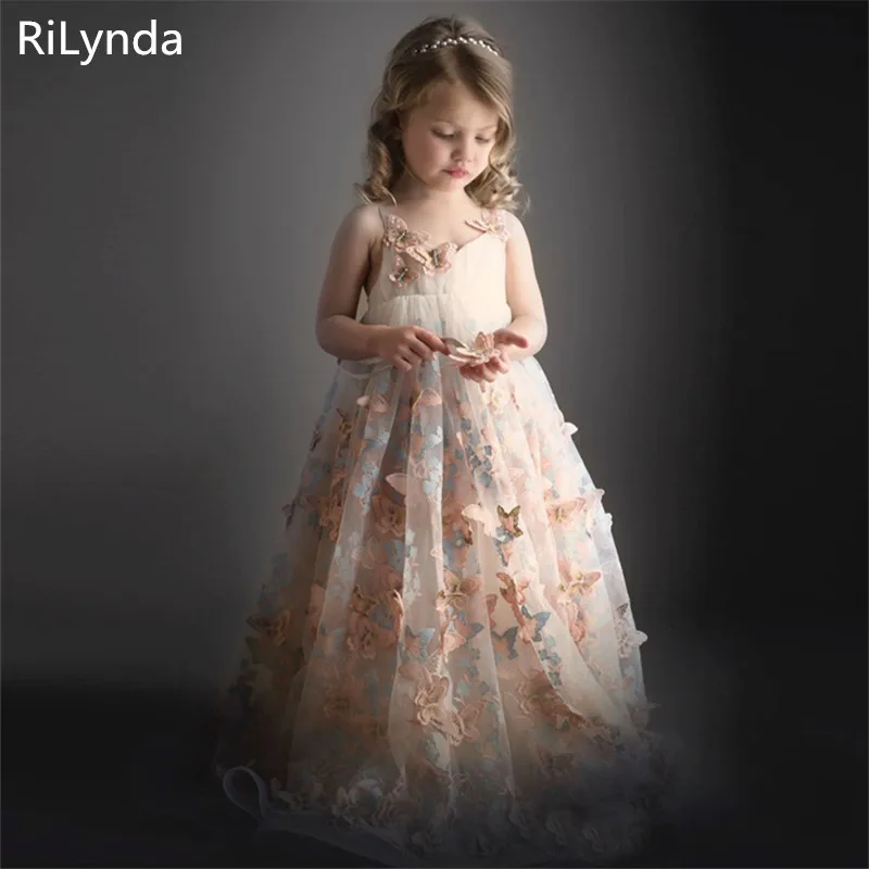 

New Arrivals Flower Girls Pink Sheer Back Tulle O-neck Ball Gowns Multilayer Little Girls First Communion Formal Wedding Dress