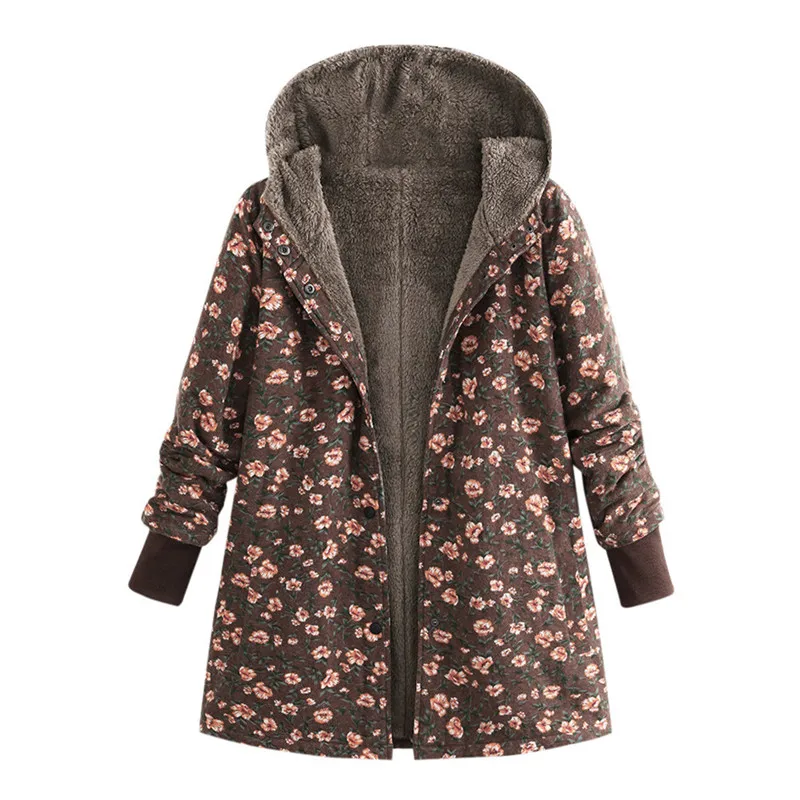 Женское зимнее пальто с капюшоном и длинным рукавом, винтажное флисовое плотное пальто с принтом, верхняя одежда, Женское пальто, Осеннее повседневное длинное пальто, Пляжная куртка - Цвет: Brown