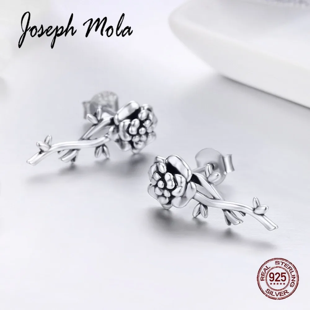 

Joseph Mola 925 Sterling Silver Blossom Flower With Leaves Stud Earrings for Women Party Birthday Gift Anniversary Fine Jewelry