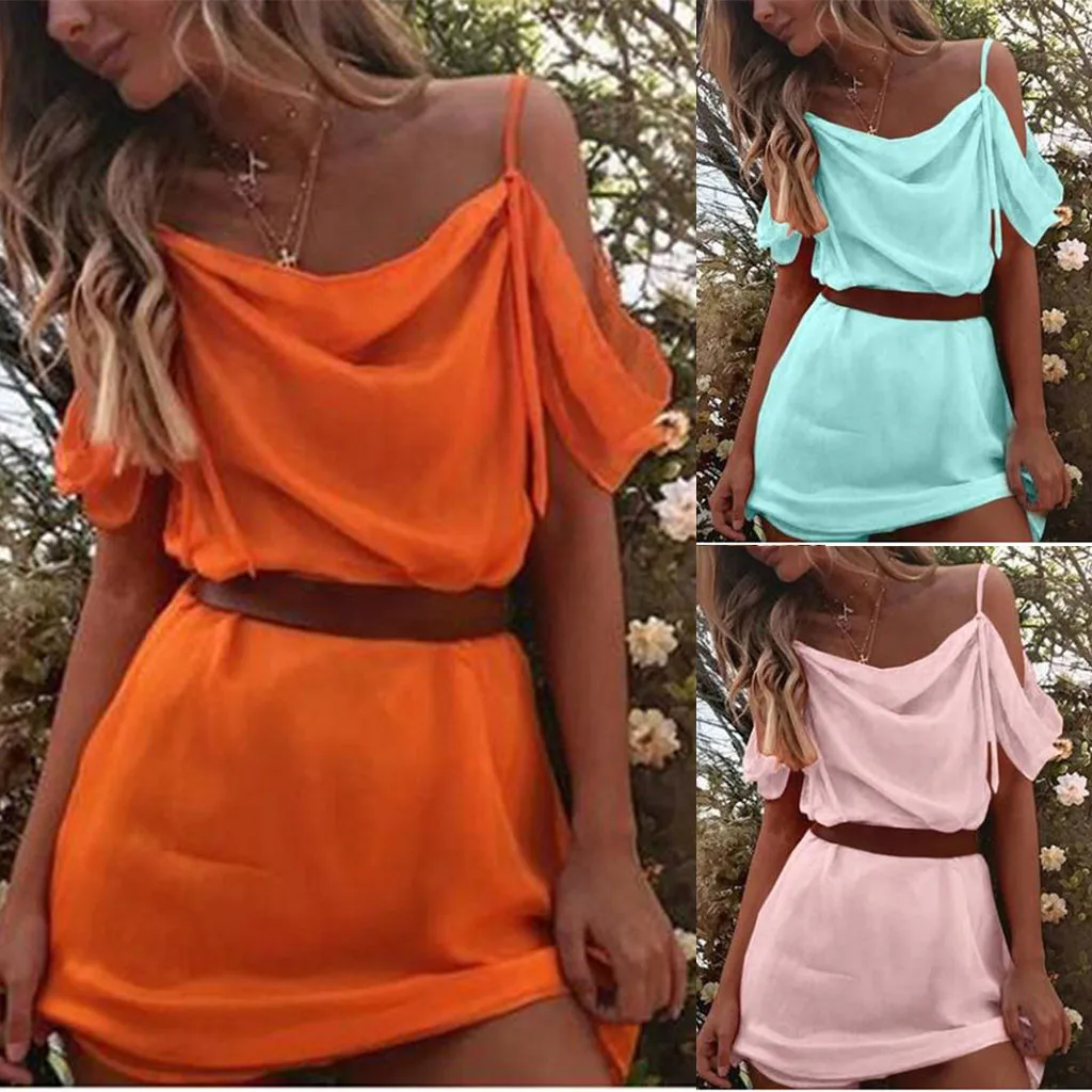 

Women's Sexy Off Shoulder Solid Orange Green Pink Strappy Above Knee Slash Neck Beach Bodycon Party Dress Summer Ladies Dresses