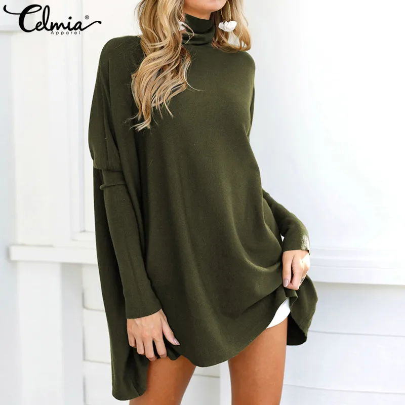 

Plus Size 5XL Celmia Oversize Women Sweaters 2019 Autumn Pullovers Long Sleeve Turtleneck Tops Solid Casual Sweater Pull Femme