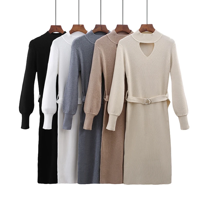 

2018 Autumn Winter Vintage Sweater Dress Women Sexy Hollow Out Bodycon Knit Dress Female Slit Back Slim Sashes Midi Dresses