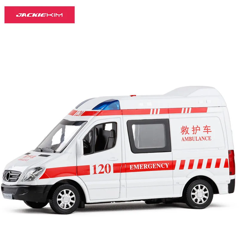 

New 1:32 Hospital Rescue Ambulance Alloy Diecast Police Metal Car Model With Pull Back Sound and Light For Children Car Toys