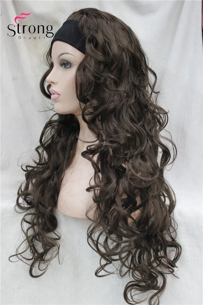 Long Wavy Brown Synthetic HeadBand Wig Ladies 3/4 Wigs With headband