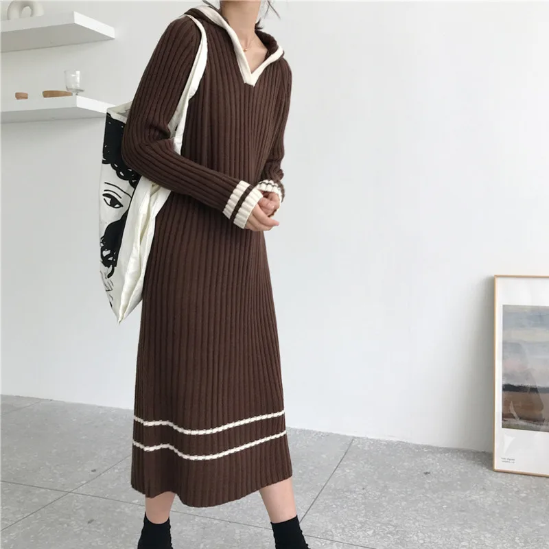 

[EWQ] Autumn Warm Knitted Round Neck Long-sleeved Dress 4 Color Long Paragraph Casual Ladies 2019 Winter Sweater Dress QK18901