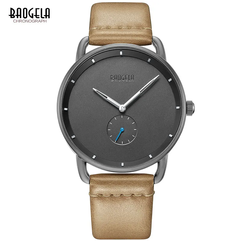 Beste BAOGELA mannen Premium Eenvoudige Quartz Horloges Casual Lederen Band Minimalisme Waterdicht Horloge voor Man 1806 Lichtbruin