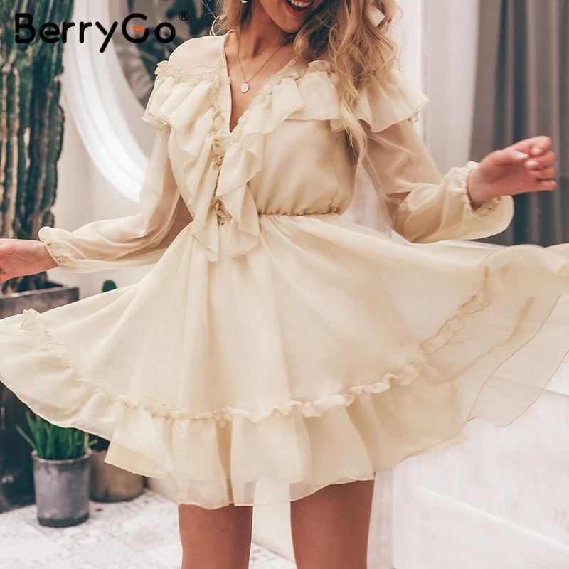 

BerryGo Elegant ruffle mesh summer dresses women Sexy v-neck long sleeve party dress Elastic high waist ladies dresses vestidos
