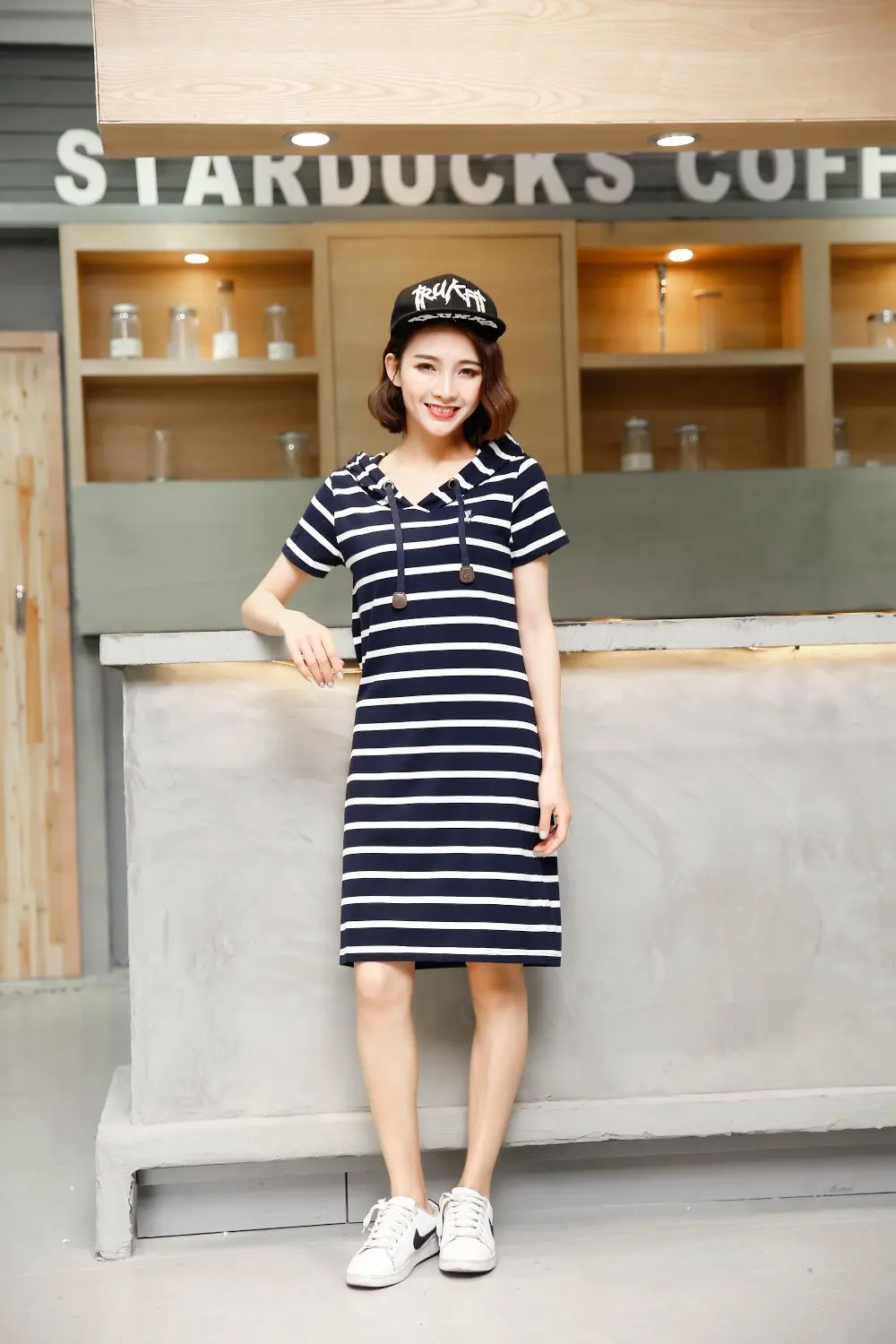 

Baharcelin Women Girl Embroidery Casual loose Hooded Dresses De Festa Summer Tops Clothing Striped Dress femininas
