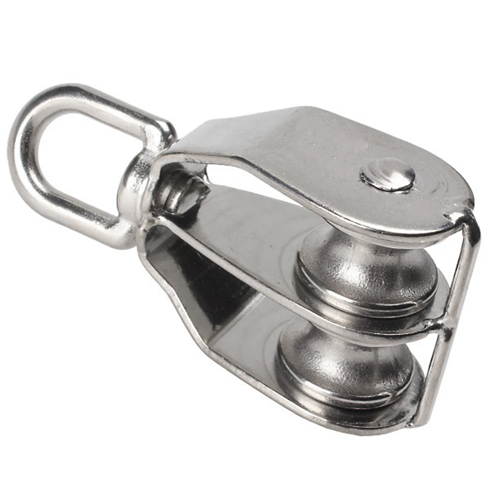 

1Pcs M32 Double Pulley Block Chain Traction Wheel Stainless Steel Heavy Duty Steel Swivel Lifting Rope Block Pulley