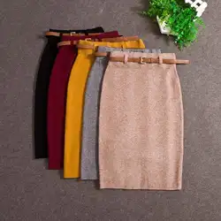 2018 новая юбка для женщин сплошной нескольких цветов Вязание обтягивающая одежда в стиле карандаш миди осень зима ремень Bodycon Femininas B80801J