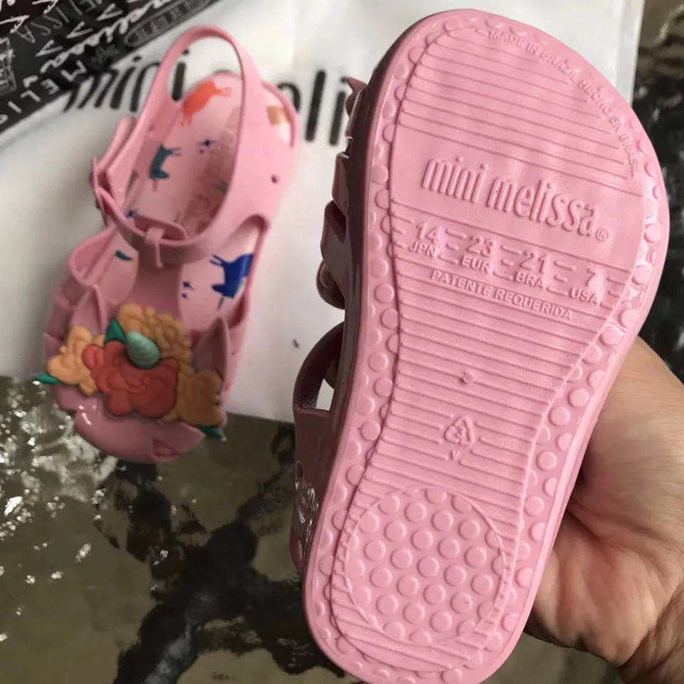 Mini Melissa/ оригинальные брендовые прозрачные сандалии с единорогом и цветами для девочек; римские сандалии для девочек; нескользящие сандалии Melissa для малышей