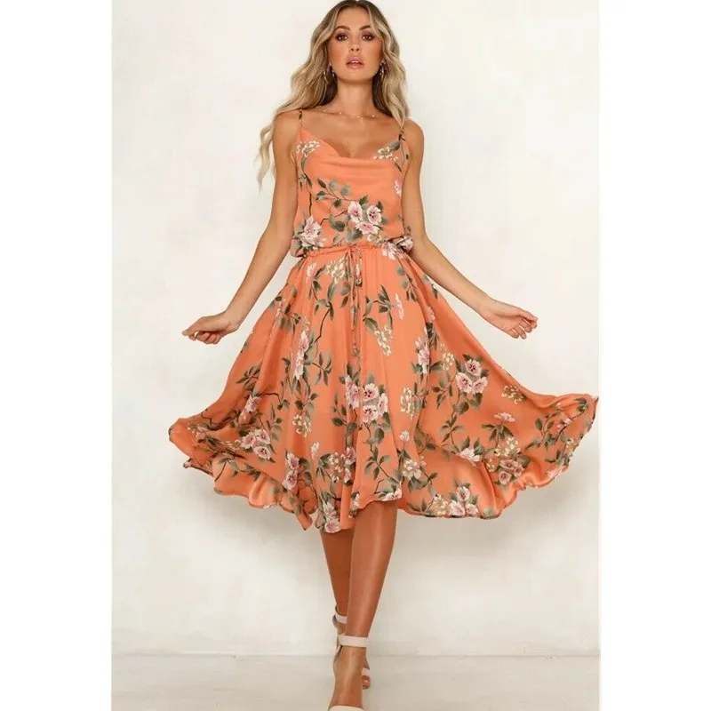 

Woman Summer Bohemian Style Print Chiffon Dress High Waist Strap Irregular Side Loose Neckline Casual Party Dress Sizes S-XL