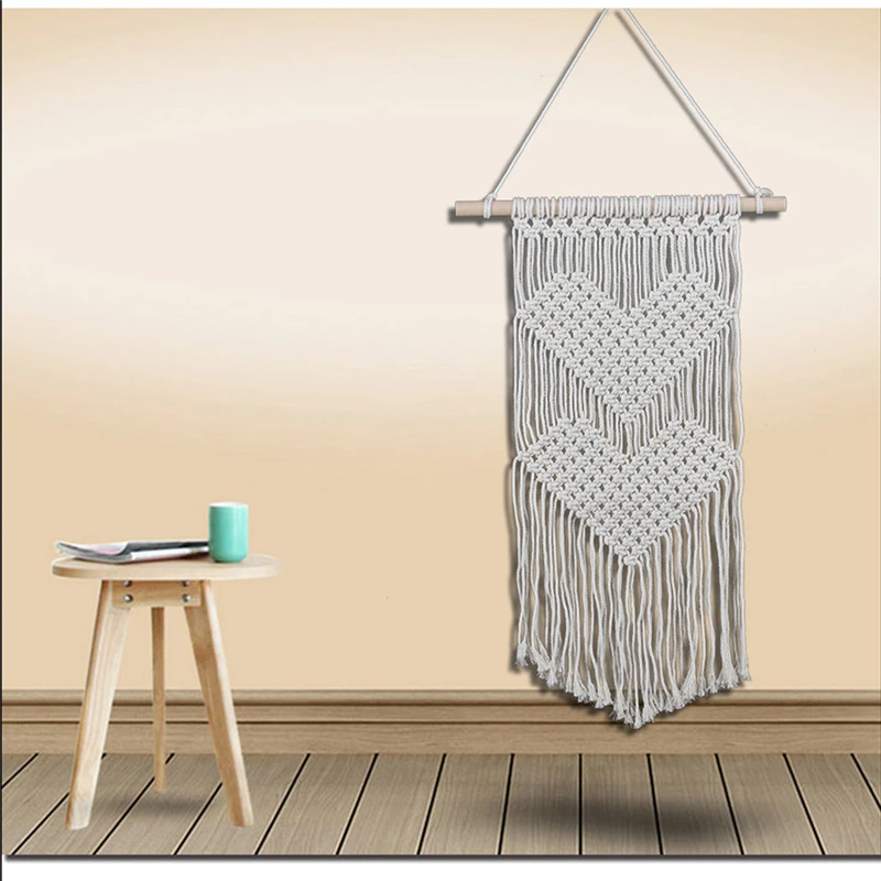 Wedding Decor Hand Knotted Cotton+Wood Wall Tapestry Heart Shape Hanging Tapestry With Tassells 1pcs Handmade Home Art Tapestry