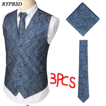 

3pcs Mens Suit Vest Classic Paisley Jacquard Waistcoat Vest Handkerchief Party Wedding Tie Vest Suit Pocket Square Set