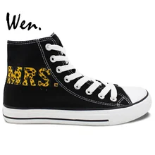 Wen Original Design Custom Hand Painted Shoes Leopard MR MRS UMen Women’s Black High Top Canvas Sneakers for Gifts