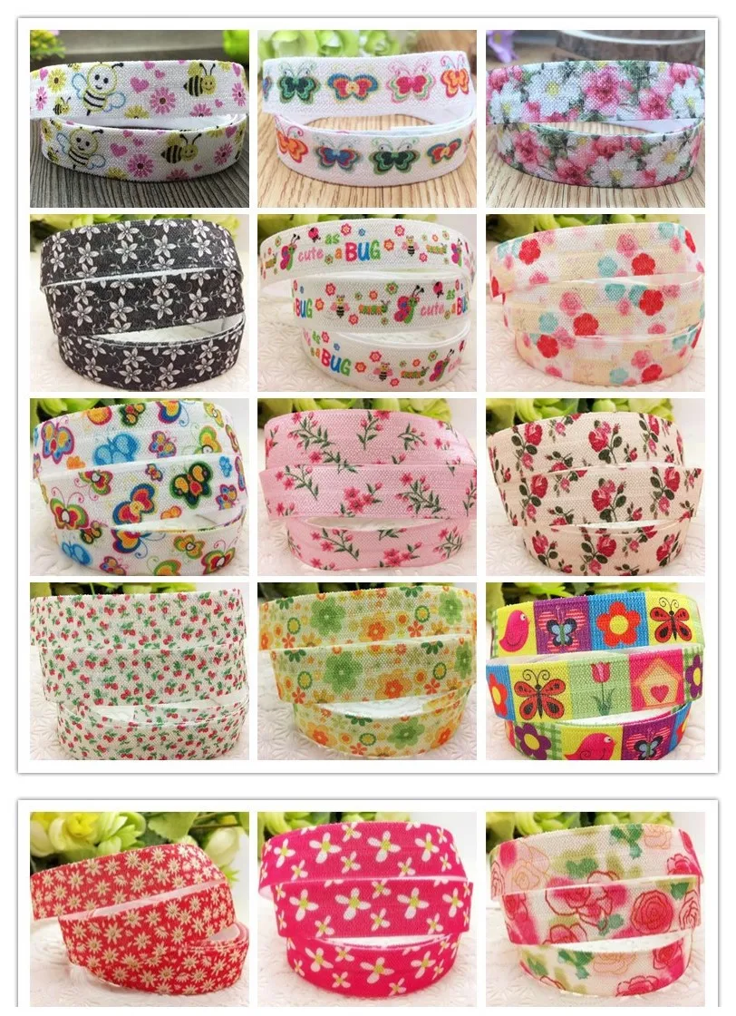 

Elastic Ribbon Printed flowers 5/8 inch 15mm width 10 yards free shipping baby headband hairbow accessory 15 styles to select