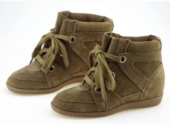 

Hot Selling Hidden Wedge Boots Bronw Suede Patchwork Height Increasing Ankle Boots Round Toe Lace-up Rubber Sole High-top Shoes