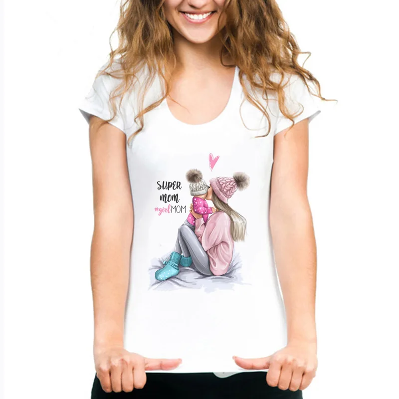 

FIXSYS Fashion Women T Shirt Short Sleeve Tops Tee Mom and Doughter Tshirts Cute Lady Tops Tee White Tee Cotton Female Tee Shirt