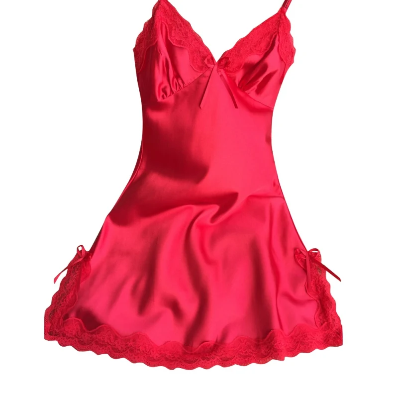 Ночная рубашка Женский шелковый атлас Ночная рубашка без рукавов ночная рубашка с v-образным вырезом кружевное ночное белье - Цвет: red