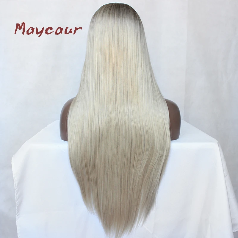 Maycaur волосы длинные прямые волосы Омбре блонд цвет синтетические без кружева парики средняя часть шелковые верхние волосы парики для черных женщин
