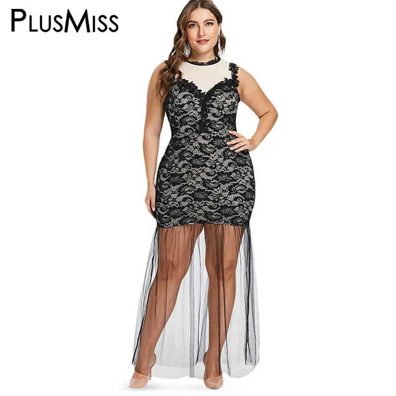 PlusMiss плюс размеры XXXL XXL See Through Mesh кружево Танк Вечерние для вечеринок и клубов