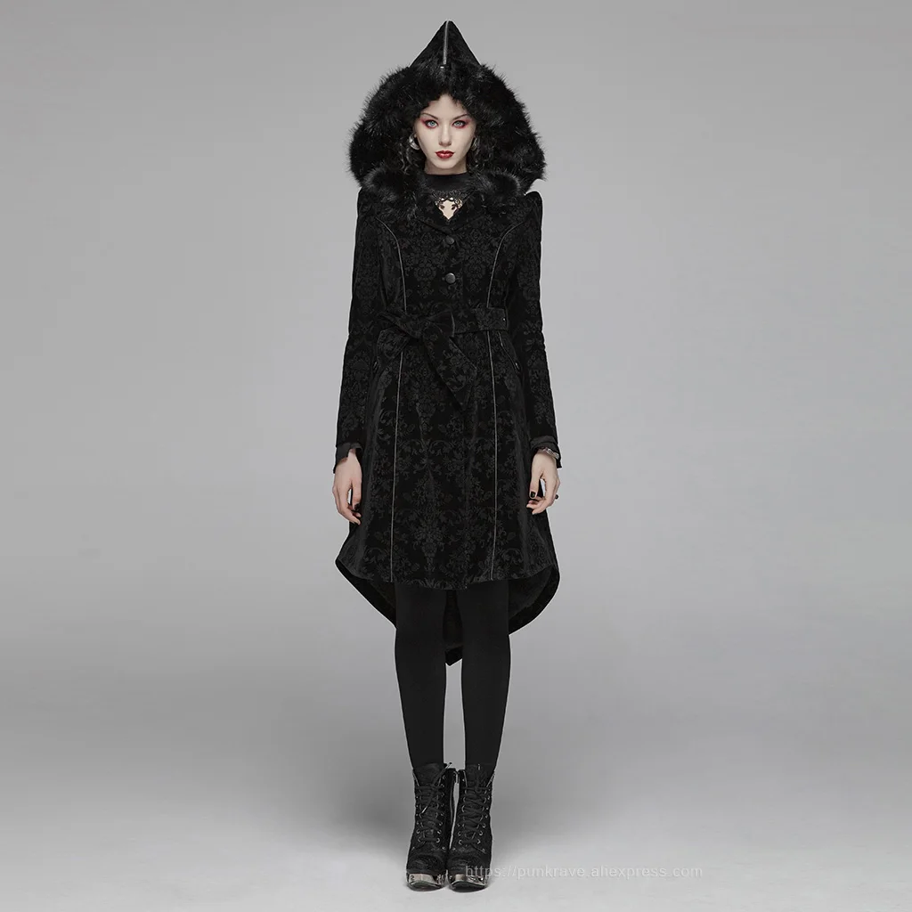 Панк рейв женское готическое жаккардовое шерстяное пальто с капюшоном ремень Готический узор средней длины Хэллоуин зимнее теплое Мужское пальто - Цвет: Black WY-1054MCF