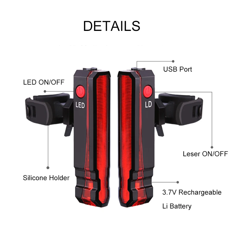 Красный велосипедный задний светильник USB Перезаряжаемый лазерный задний фонарь Водонепроницаемый MTB Предупреждение велосипедный светильник Аксессуары для велосипеда