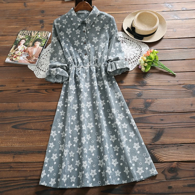 

Mori Girl Spring Autumn Women Vintage Dress Stras Pattern Elastic Waist Casual Vestidos De Festa Long Sleeve Corduroy Cute Dress