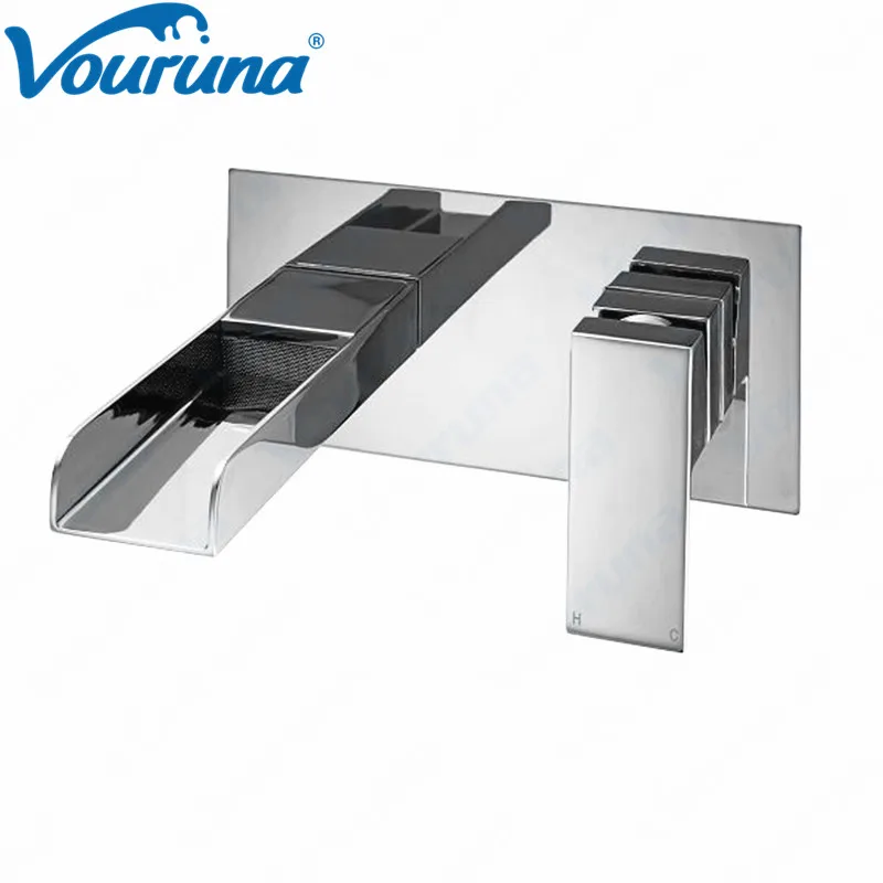 

VOURUNA Square Style Waterfall Basin Faucet Wall Mounted Bathroom Sink Mixer Tap Vessel Wall Basin Set Spout with Plate Chrome