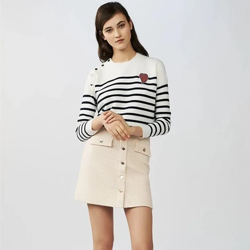 

Women Striped Red Heart Beading Shoulder Buttons Knitted Sweater