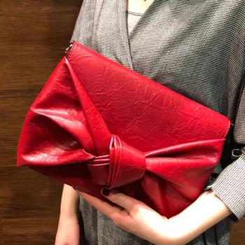 

2019 New Women Clutch Bag PU Leather Big Bow Decor Purse Female Banquet Day Clutches Chain Shoulder Bags Messenger Pack As Gifts