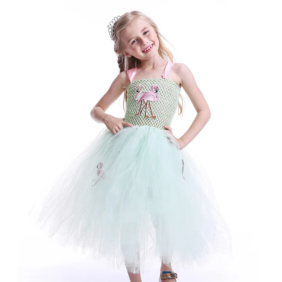 Kids Flamingo Pattern Tutu Dress Summer Girls Princess Ankle Length Tulle Clothes (5)